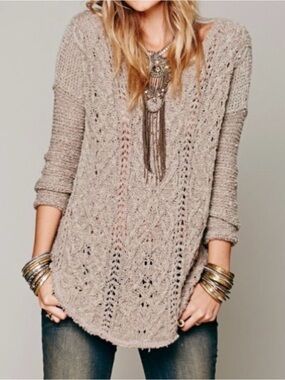Free People Cozy Taupe Knit Cable V-Neck Sweater (cross my heart style)
